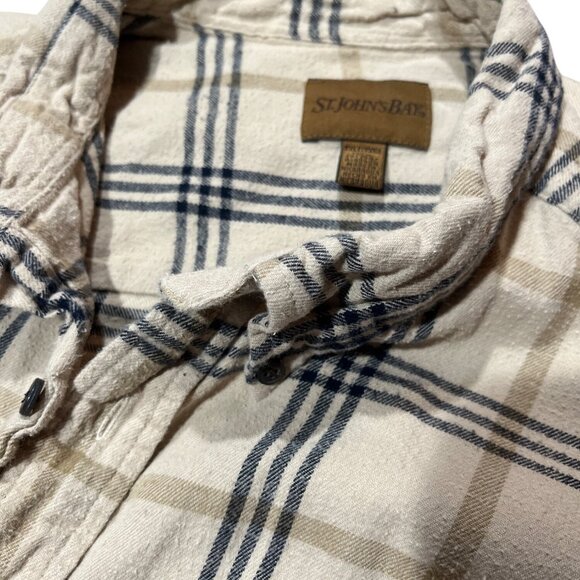 St. Johns Bay Beige & Navy Plaid Button-Down Shirt 2XL 100% Cotton Long Sleeve - Picture 5 of 6